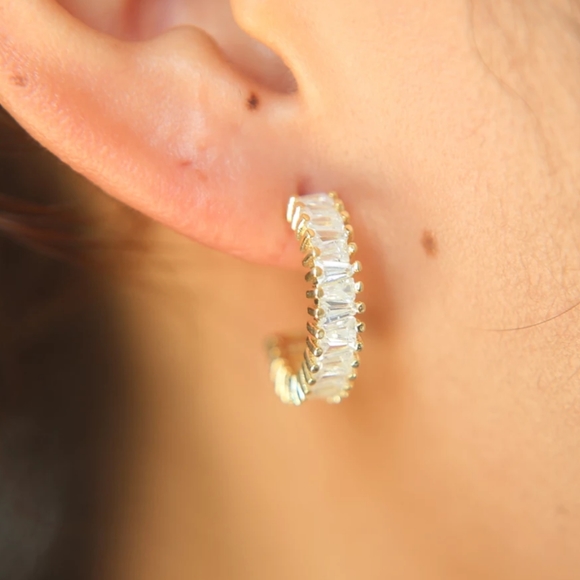 NEW Yellow Gold Baguette Small Diamond Hoops - Picture 2 of 8